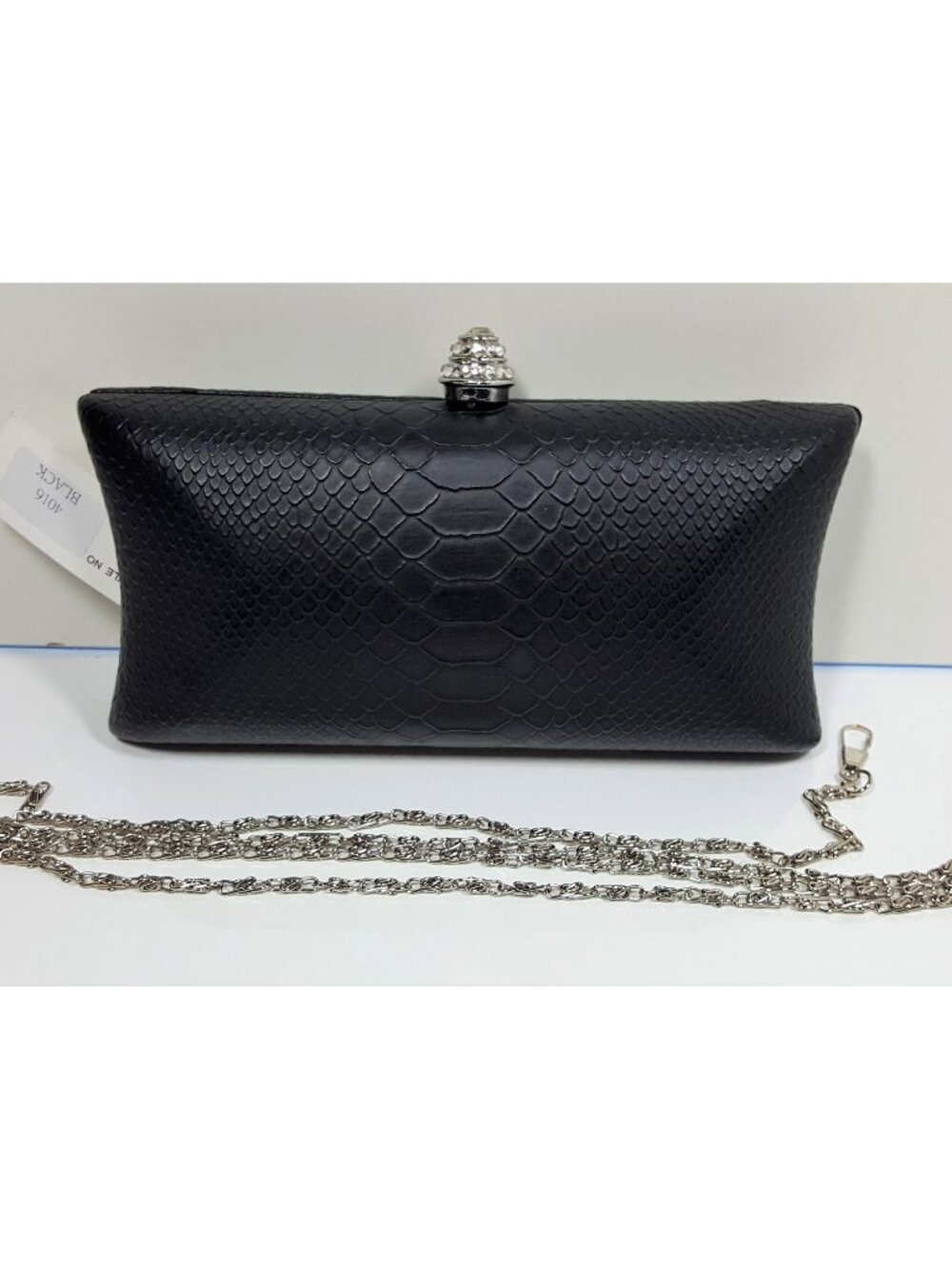 Black Embossed Clutch Evening Bag Rhinestone Clasp Chain Strap Flaw